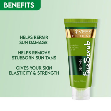 Jovees Herbal De-Tan Scrub With SPF For Brightening & Revitalizing Face Scrub | Remove Dead Skin | Gentle Exfoliation, Smooth and Clear Complexation With Turmeric & Aloe Vera | For All Skin Type- 100g